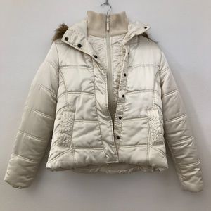 Cream Colored Puffer Jacket with Faux Fur Hood